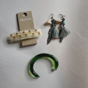 Madewell Hair Barrette, Tassel Boho Earrings, & Vintage Green Glass Bracelet